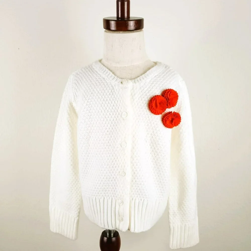 Girl's White Button Up Sweater 4 Waffle Knit Pattern.Orange Pom Pom Flowers